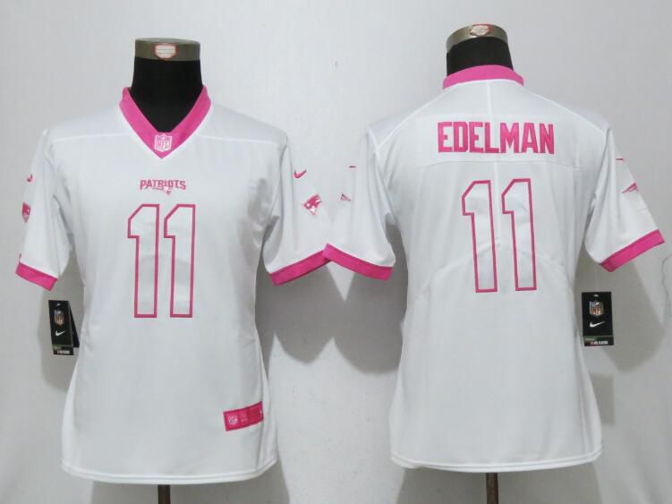 Women 2017 New England Patriots #11 Edelman Matthews White Pink Stitched New Nike Elite Rush Fashion NFL Jersey->women nfl jersey->Women Jersey